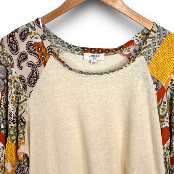 Umgee Mixed Print Balloon Sleeve Babydoll Blouse Top Boho Lightweight Size Small - Picture 2 of 9